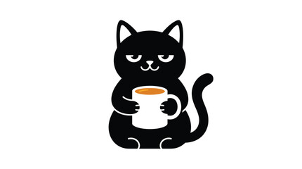 A black cat with a grumpy expression holds a mug of coffee © LoveU