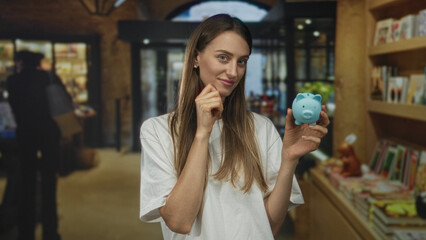 Woman holding piggy bank with hand on chin near bookshelves in a library building  saving planning thoughtful. © Krakenimages.com