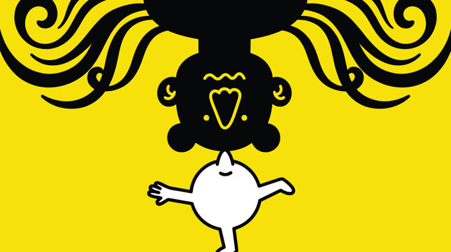 A whimsical vector illustration of a joyful white character balancing a large black head with swirling hair on its nose