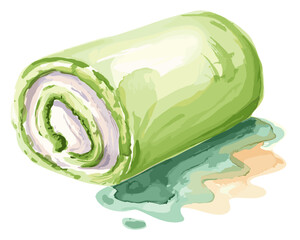 Fototapeta premium Watercolor of green swiss roll cake with cream filling isolated on transparent background