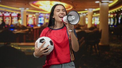 Woman in red jersey holding soccer ball shouts into megaphone inside building with casino slot...