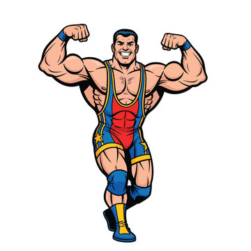 A muscular male wrestler in a colorful singlet, flexing his arms in a powerful pose, depicted in a vibrant cartoon style with bold lines and bright colors, set against a plain white