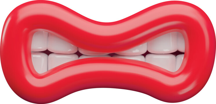 3D, red, pursed lips with white teeth, a grimace of tension, aggression.