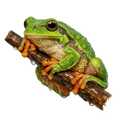 Obraz premium Vibrant green tree frog with bright orange feet and wet skin clinging to a small wooden twig, detailed macro shot of an exotic amphibian, isolated on transparent background for design projects.