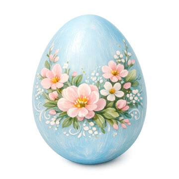 A beautifully hand-painted pastel blue Easter egg featuring delicate pink floral patterns and white blossoms, isolated on a transparent background for spring holiday and festive celebrations.