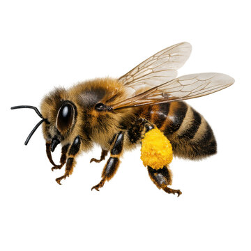 Detailed macro shot of a honeybee carrying bright yellow pollen on its hind leg, featuring translucent wings and fuzzy body texture, isolated on a transparent background for easy compositing.
