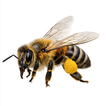 Macro view of a honeybee with yellow pollen on its legs and translucent wings, isolated on a transparent background. High-quality insect cutout for nature, science, and educational projects.