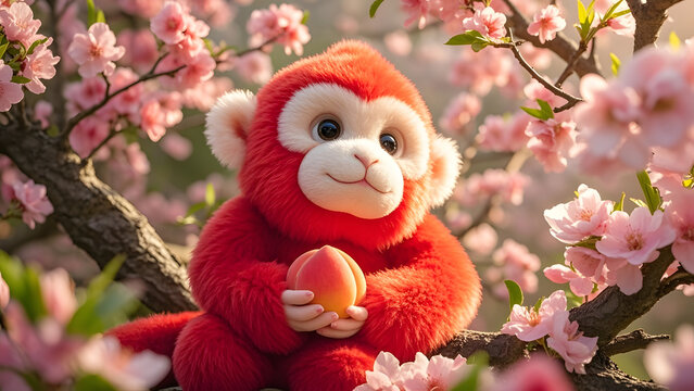 Cute red fluffy monkey holding peach among pink cherry blossoms