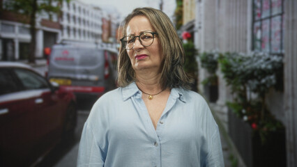 Fototapeta premium Hispanic woman with glasses and gold pendant necklace frowning, chin raised, on a city street; skepticism solitude.
