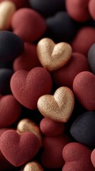 Obraz premium Close-up view of assorted decorative hearts in red, black, and gold colors arranged together, showcasing various sizes and textures, ideal for Valentine's Day or romantic-themed designs