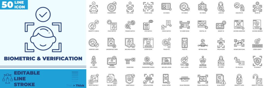 Biometric And Verification Line Editable Icons set