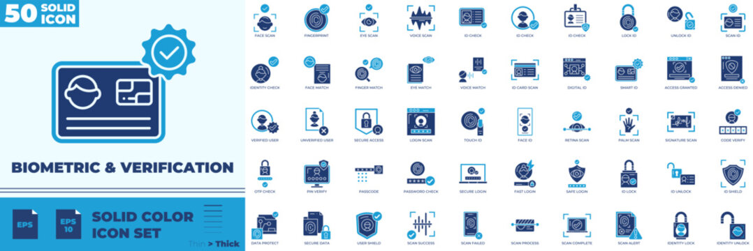 Biometric And Verification Solid Color Editable Icons set