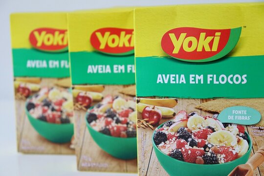 Salvador, Brazil - March 20, 2026: Packaging of Yoki brand Aveia em Flocos (rolled oats). 