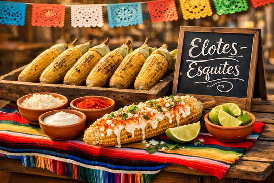 Vibrant elotes street cart with prepared corn, cotija cheese, chili powder, and crema. Papel picado, rustic cart. Authentic Mexican street food stock photography.