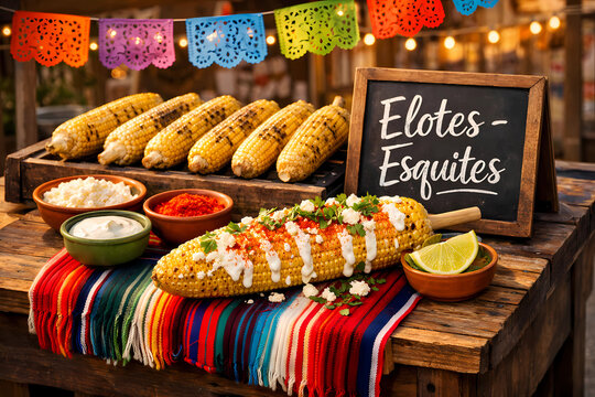 Vibrant elotes street cart with prepared corn, cotija cheese, chili powder, and crema. Papel picado, rustic cart. Authentic Mexican street food stock photography.