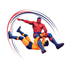 Fototapeta premium A muscular red wrestler in action, grappling with an opponent in yellow and blue, depicted in a dynamic vector illustration with bold lines and vibrant colors on a white background. Perfect