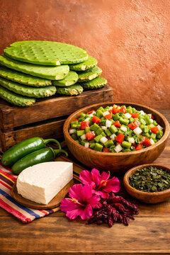 Fresh nopales cactus display with prepared nopalitos salad ingredients. Terracotta wall, vibrant colors. Traditional Mexican ingredient and culinary heritage stock image.