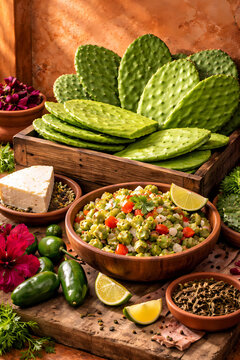 Fresh nopales cactus display with prepared nopalitos salad ingredients. Terracotta wall, vibrant colors. Traditional Mexican ingredient and culinary heritage stock image.