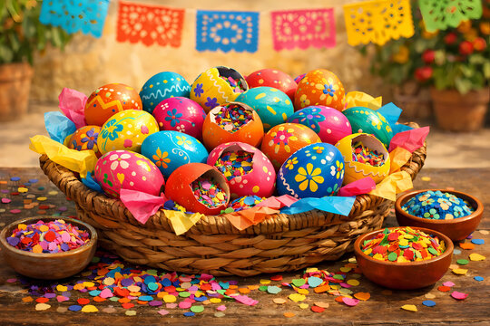 Vibrant cascarones display with hand-painted confetti eggs in bright colors. Rustic basket, spilled confetti, papel picado background. Festive Mexican tradition stock photography.