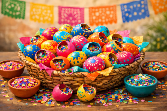 Vibrant cascarones display with hand-painted confetti eggs in bright colors. Rustic basket, spilled confetti, papel picado background. Festive Mexican tradition stock photography.