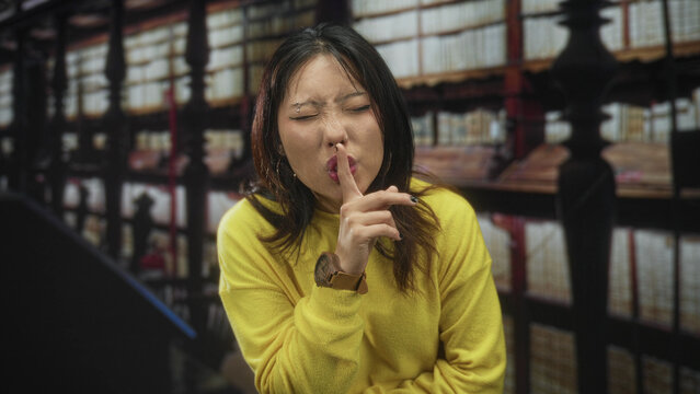 Young chinese woman in yellow sweater presses finger to lips for silence in library building; calm concentration study.