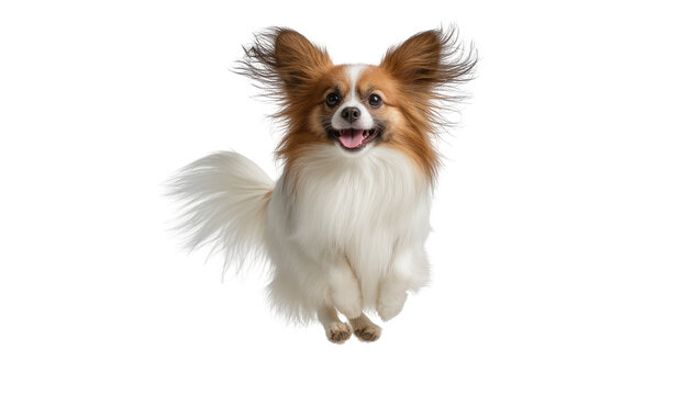 Isolated happy Papillon dog with large ears jumping and running playfully mid-air