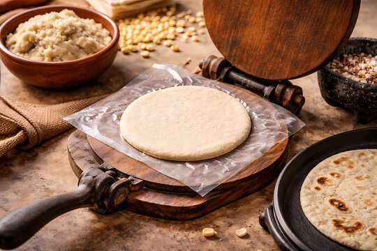 Traditional tortilla press with fresh masa and cast-iron comal. Dried corn kernels and molcajete nearby. Authentic Mexican cooking stock photography.