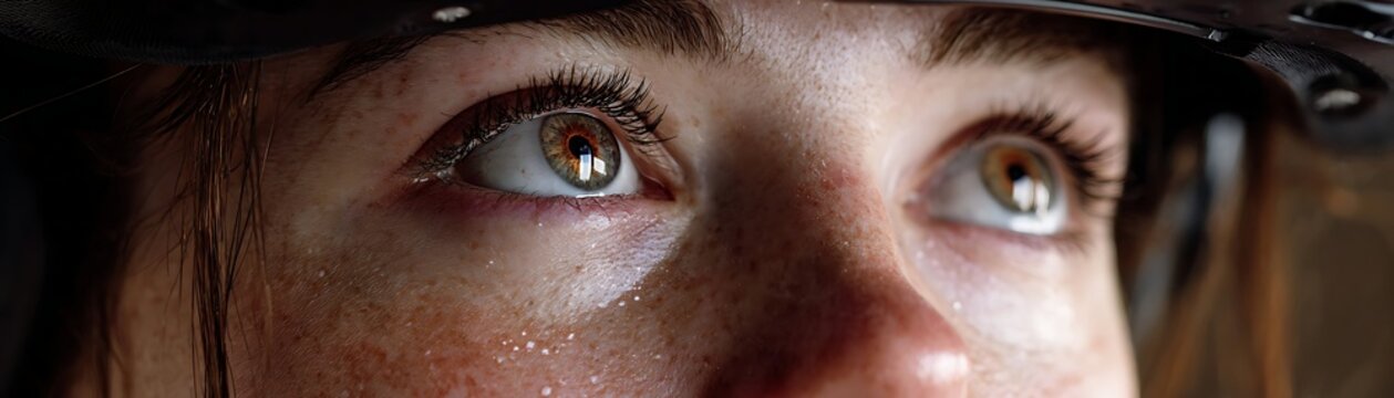 Close up view captures woman's intense upward gaze beneath protective headgear