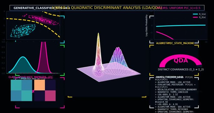 LDA and QDA Classification Visualization, Linear Discriminant Analysis and Quadratic Decision Boundaries with Probability Distributions, Machine Learning Interface Concept