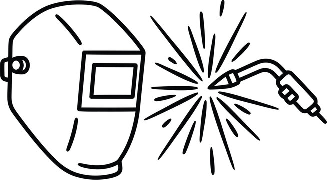 Minimalist black outline icon of a professional welding helmet and industrial torch with a starburst spark for industrial metalwork and construction trade design welder silhouette AI Generative