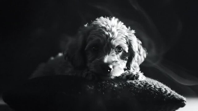 Black and white portrait of a cute Cavapoo puppy lying on a knitted pillow, looking at the camera.