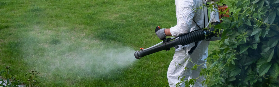 Spring garden pest control: man in protective suit spraying plants. banner
