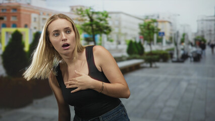 Fototapeta premium Woman with hand on chest showing breathlessness on a city street wearing black tank top and jeans; breath health relief.