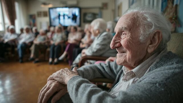 Elderly man thoughtfully watching TV with peers in a nursing home. Seniors enjoying entertainment, relaxed atmosphere, healthcare and wellbeing. Peaceful aging, community, and social interaction.