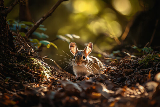 Jerboa (Dipodidae family) - In a warm, dappled forest light, a tiny jerboa with translucent ears and long whiskers rests among autumn leaves and moss, its fur glowing.