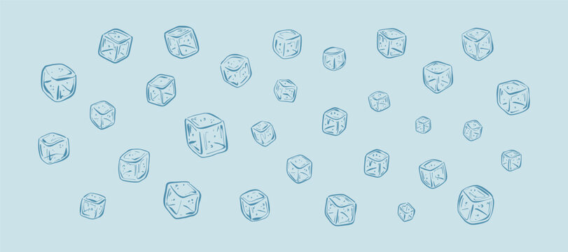 Ice cube in blue water hand drawn doodle background. Aqua sketch design. Sea salt blocks vector illustration. Frozen water cube pattern. Sugar crystals in the liquid. Soda cold drink summer bar design