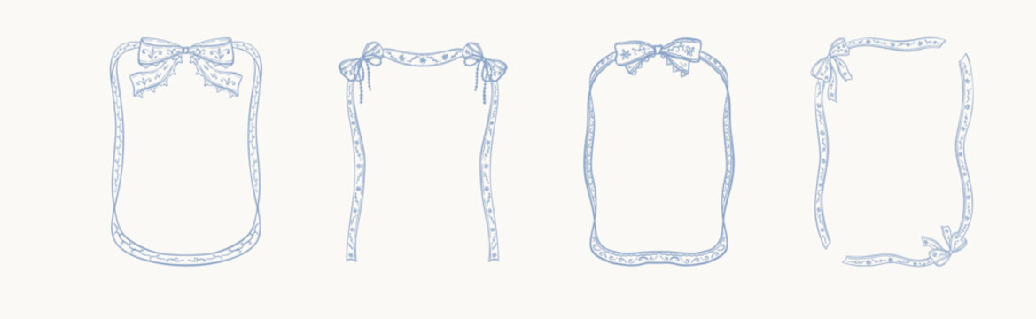 Set of blue pastel aesthetic filigree lace crochet borders for wedding invitation, girly decoration. Coquette bow ribbon frilly ruffle frames with delicate dainty embroidery. Victorian baroque design