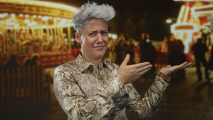 Fototapeta premium Woman with silver short hair displaying open palms in front of carousel at nighttime fairground; uncertainty.