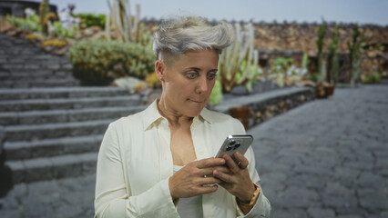 Fototapeta premium Woman with open mouth holds smartphone on street; surprise sharing reaction notification update alert message communication information news.