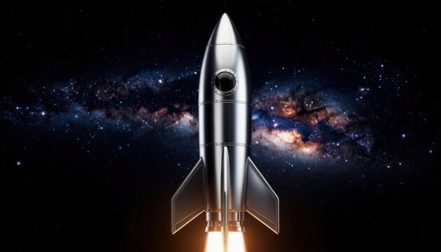 Futuristic silver rocket launching into deep space with cosmic nebula and stars background