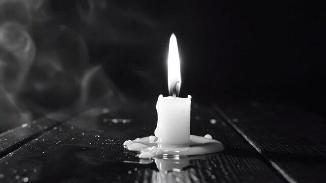 Burning white candle on a dark wooden surface with melting wax and rising smoke for memorial ceremony