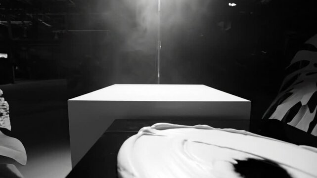 Surreal black and white studio scene with spotlight, white cube, and abstract white paint on a table