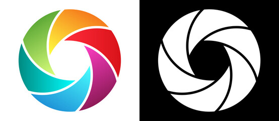 Abstract colorful camera shutter icon and white aperture on black background. Minimalist geometric vector for photography branding, tech logos, and saturation revival designs.