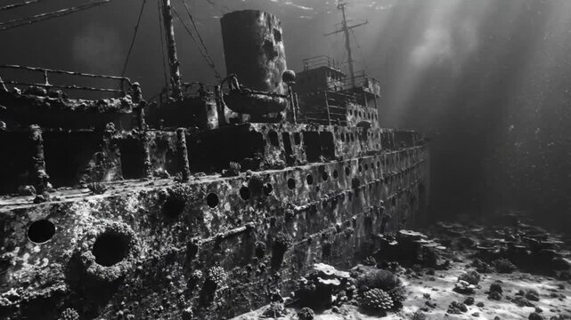 Black and white underwater view of a decaying shipwreck covered in barnacles and coral on the ocean floor