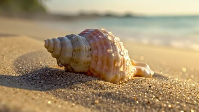 Close up view of a beautiful seashell resting on a sandy beach, glistening in the warm sunlight by the ocean.