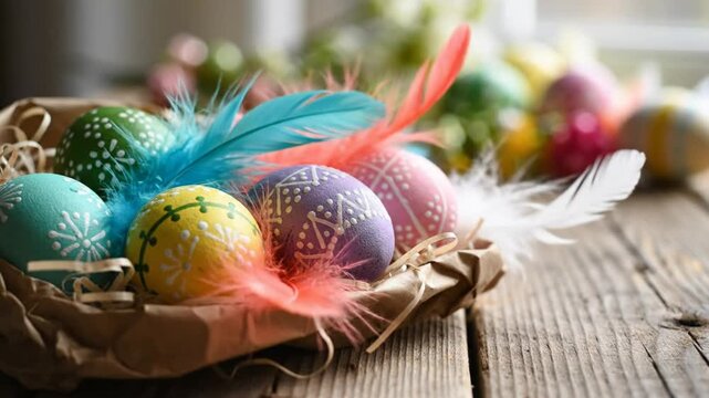 Easter decoration with colored eggs and feathers in a rustic basket with close-up shot for spring holiday season