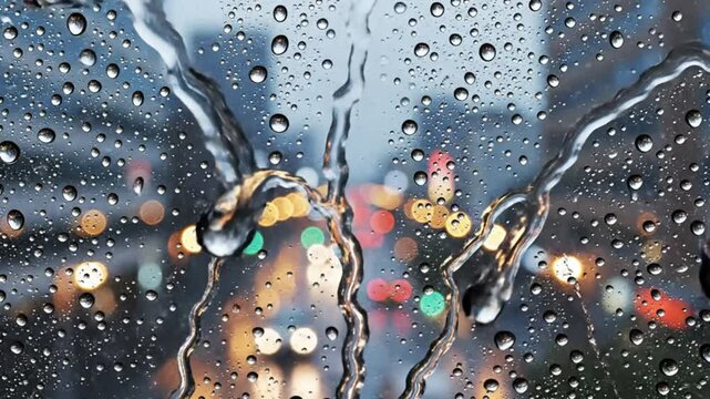 Raindrops Flowing Down a Window with City Lights Bokeh in the Background Creating a Relaxing Scene