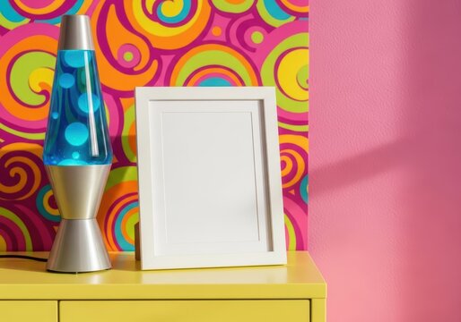 Retro lava lamp and blank picture frame on a yellow dresser against psychedelic wallpaper