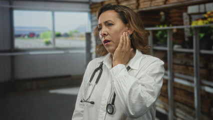 Fototapeta premium Hispanic middleaged woman doctor wearing white coat and stethoscope touches cheek inside building with pained expression; concern.