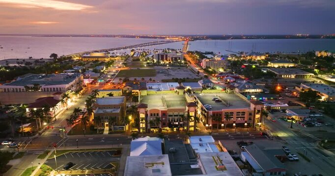 Historic district in Punta Gorda, Florida with traditional architecture, colorful storefronts and peaceful streets attracting tourists and visitors.